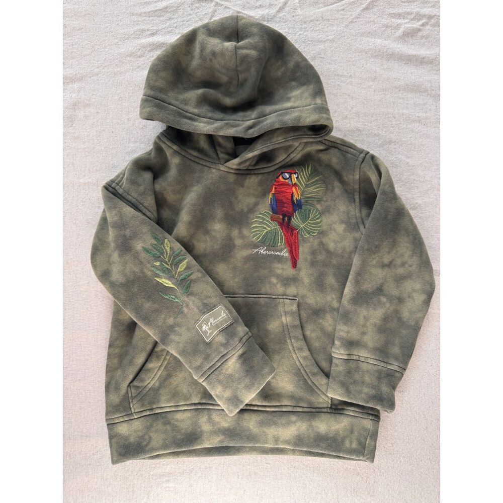 Abercrombie Kids Size 5/6 Olive Wash Embroidered Parrot Hoodie Sweatshirt